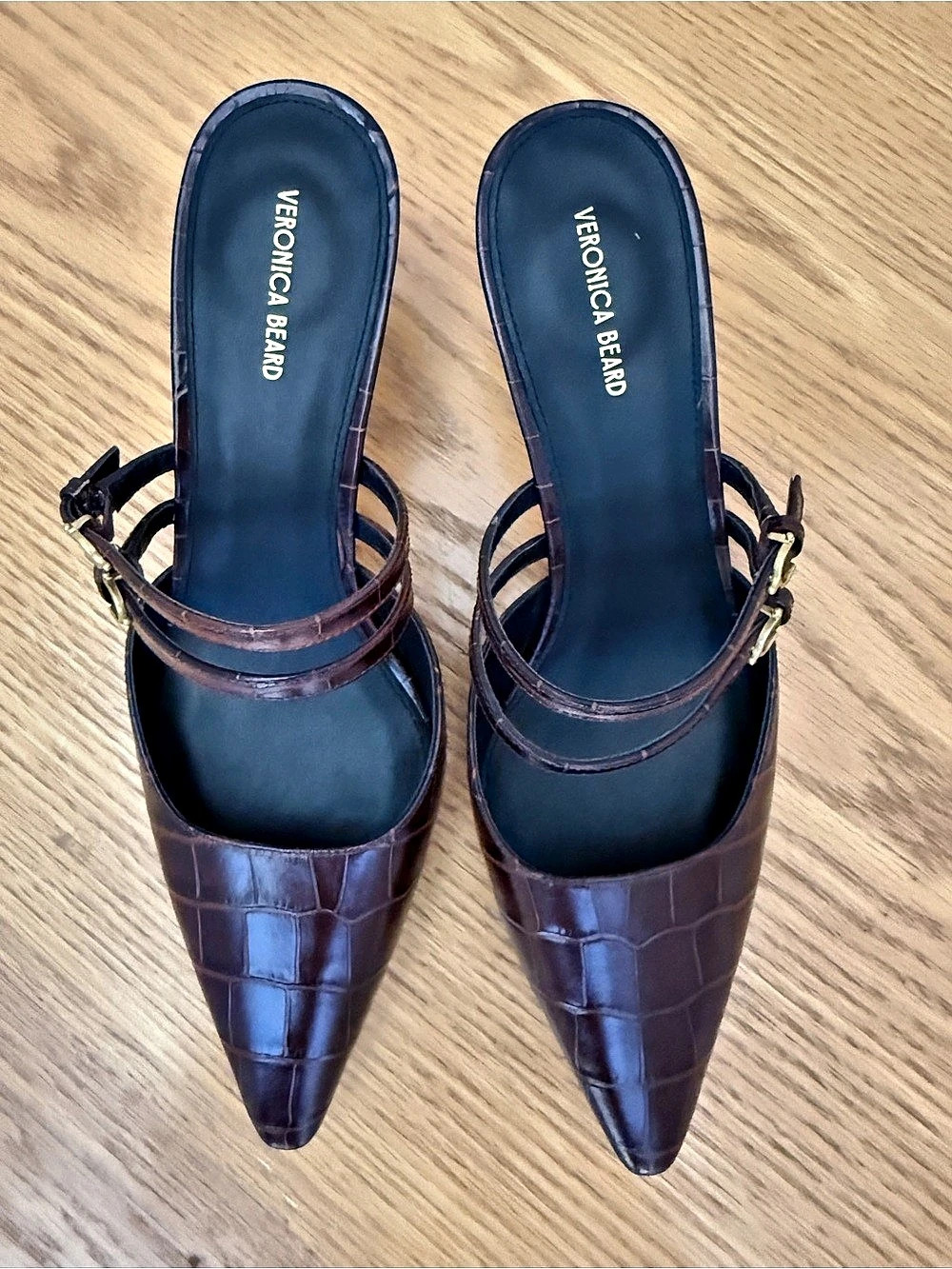 Veronica Beard Corrie Kitten-Heel Mule Brown Croc-Embossed